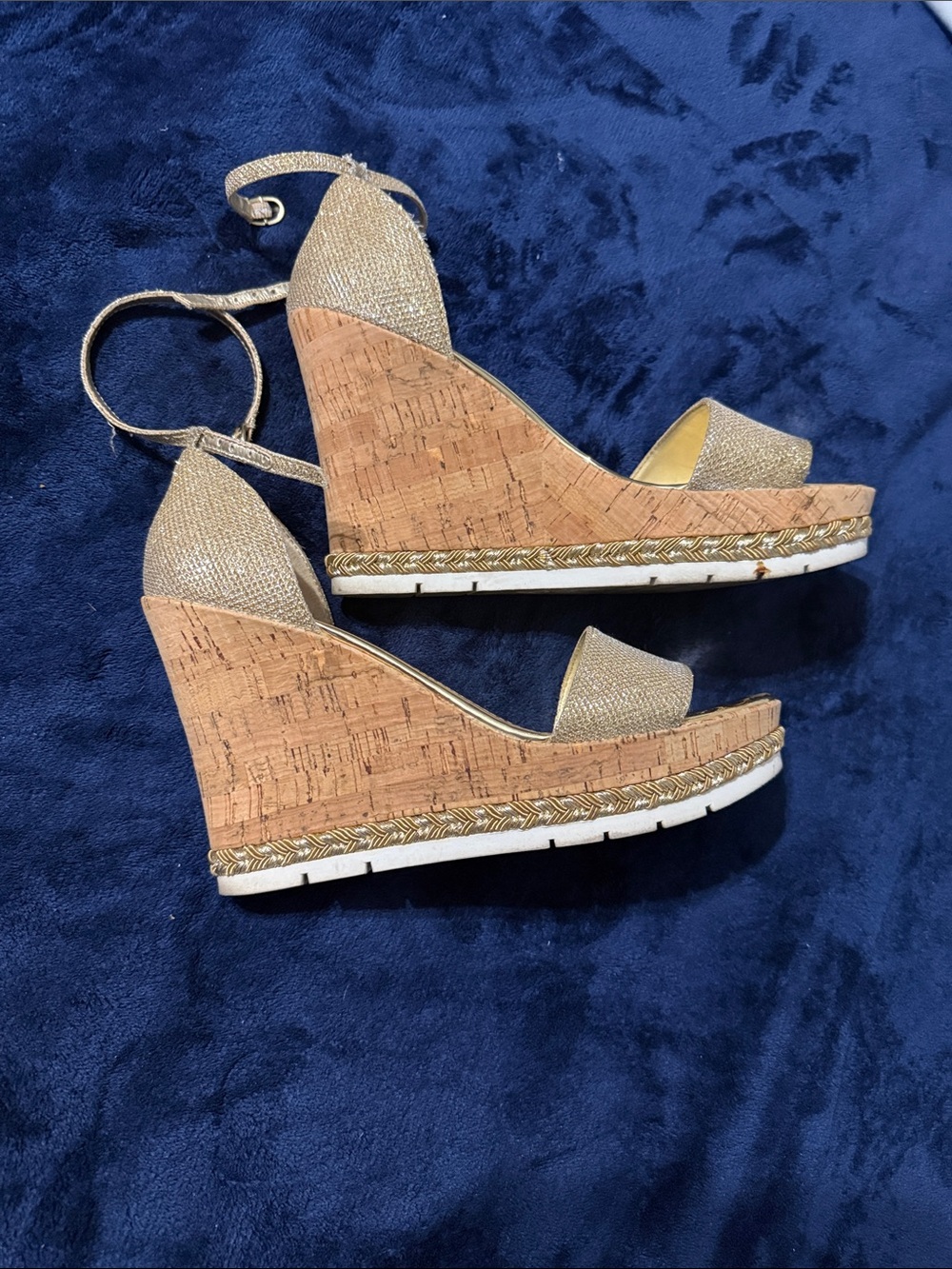 Guess Metallic Gold Cork Wedge Sandals with Ankle Wrap Women's Size 7.5